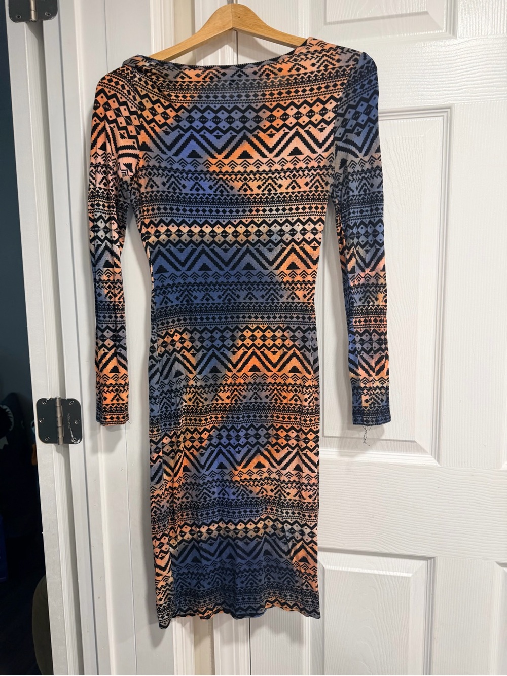 Topshop Geometric Long Sleeve Bodycon Dress in Blue & Peach - Picture 2 of 3